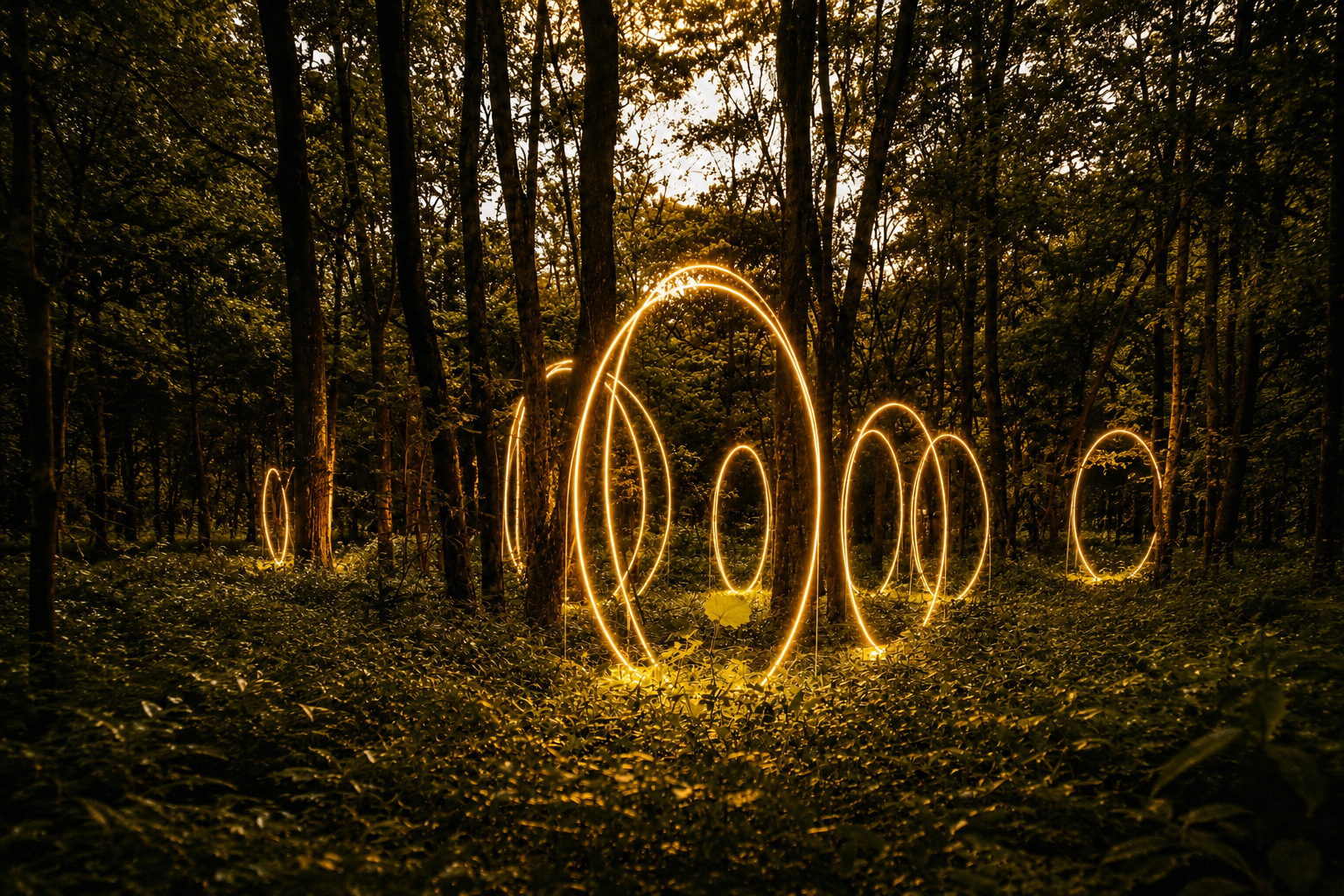 Light installation of glowing rings within the forest at dusk